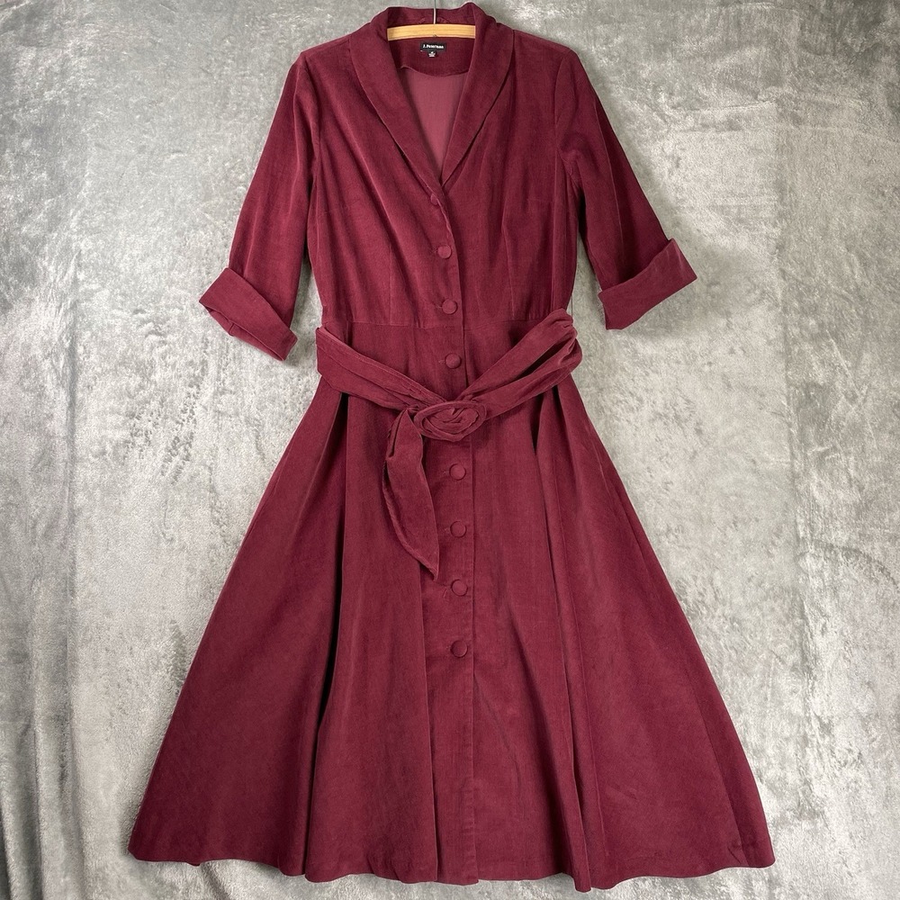 J. PETERMAN Dress Womens Sz 12 Red 1940s Cord Retro Corduroy Belted Pockets Midi